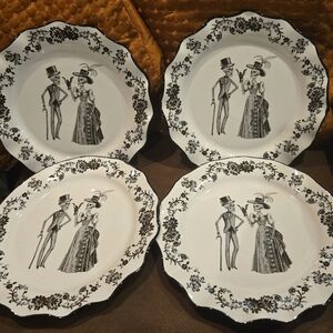 Potter's Studio Halloween VICTORIAN SKELETON (4-PC) Dinner Plates~ Scalloped/New
